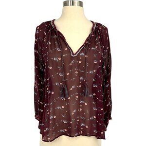 Ulla Johnson Lida Blouse Top Maroon Floral Silk Chiffon V-Neck Size 2 S Sheer